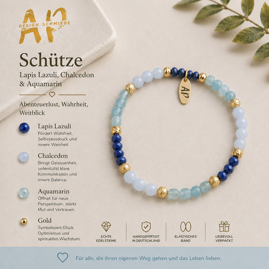 Schütze Armband aus Chalcedon, Aquamarin& Lapis | Handgefertigt in Deutschland