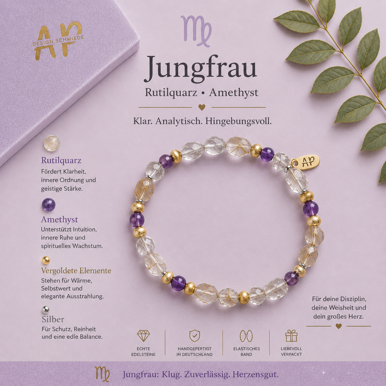 Jungfrau Armband aus Rutilquarz & Amethyst | Handgefertigt in Deutschland