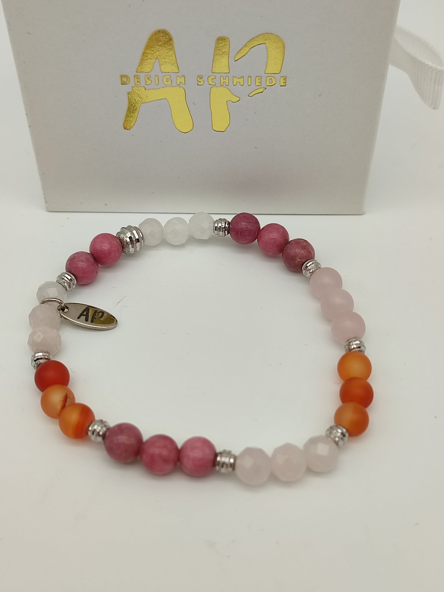 Rosenquarz, Karneol und Rhodonit Armband
