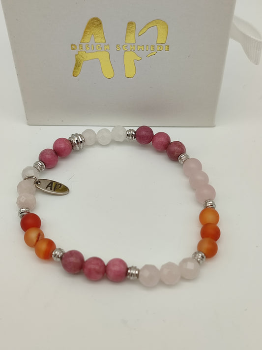 Rosenquarz, Karneol und Rhodonit Armband